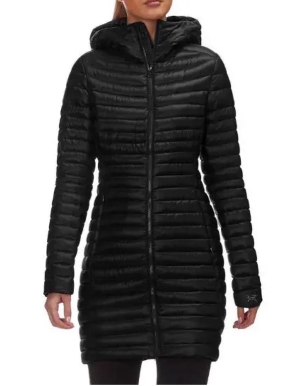Arc’teryk Nuri hooded knee length black coat size medium goose down